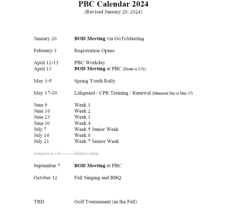 PBC Calendar Palmetto Bible Camp